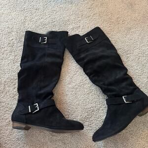 SO Black Tall Boots Slouchy Faux Suede Low Heel Buckle Detail Women’s Size 10
